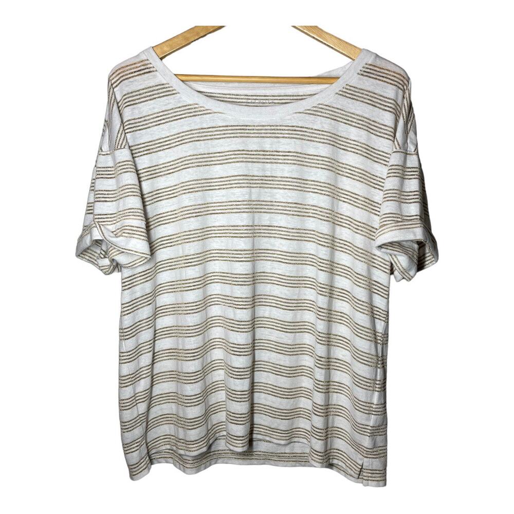 Talbots Striped T-Shirt Top Linen Blend Metallic Gold Short Sleeve XL T-Shirt